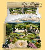 Bed sheets with a scenic design of a castle and garden 