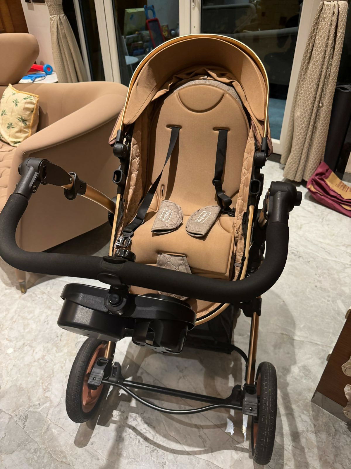 BABYHUG Majestic Stroller/Pram Cum Carry Cot With Canopy - Beige