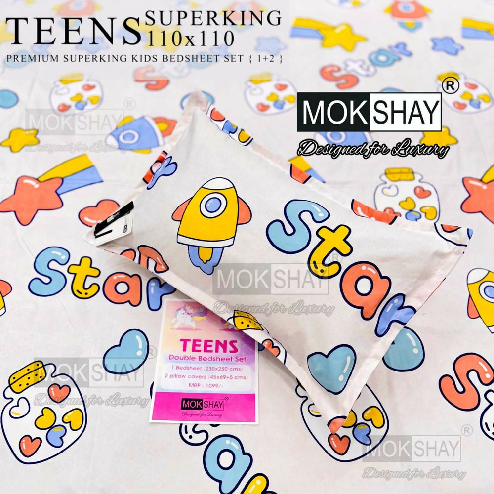 Mokshay Teens bedding set with colorful designs on a white background