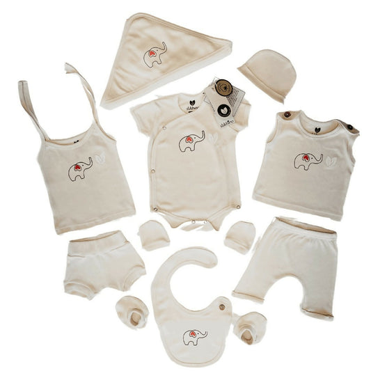 Buy 10-Piece Newborn Baby Clothing Set – Soft cotton essentials including bodysuits, mittens, booties & more, perfect for daily wear or gifting.

