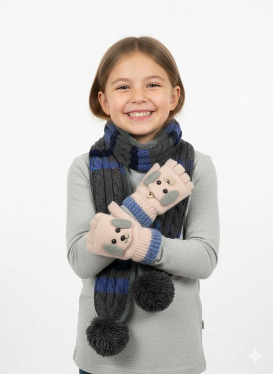 Child wearing a striped scarf and gloves with bear designs 