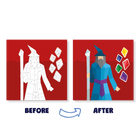 Before and after comparison of a wizard illustration on a red background with colorful shapes.