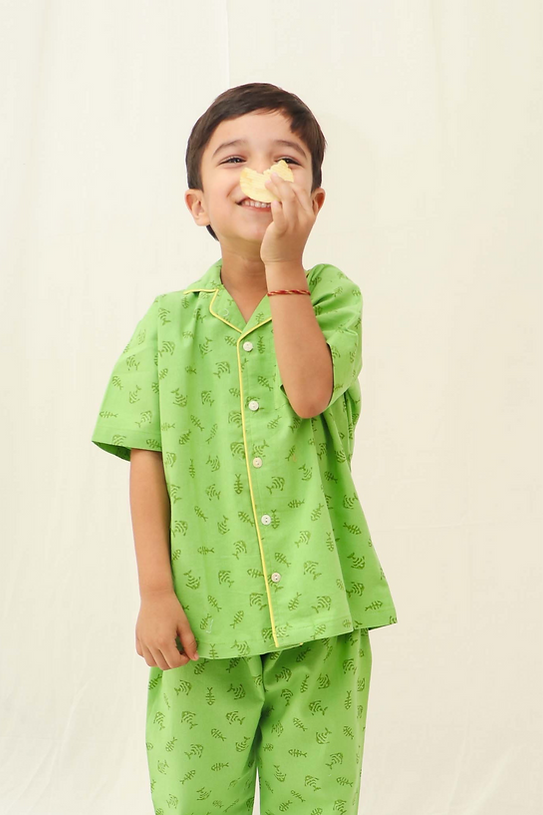 Discover the organic comfort green 100% cotton boys' night suit, offering premium softness and breathable, hypoallergenic fabric for a restful night's sleep.