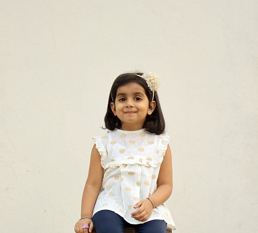 Discover our Classic Frill 100% Cotton Butti Top for Girls, combining elegant frill detailing and a delicate butti pattern for timeless charm and comfort.