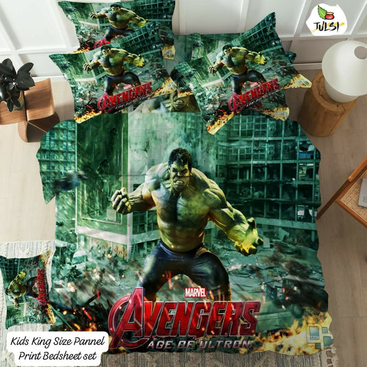 Marvel Avengers themed bedsheet set with superhero design on a bed.