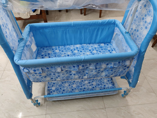 Comfortable blue baby cradle with gentle rocking motion—perfect for safe, soothing sleep at home or on the go!