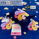 Unicorn-themed bedsheet set with packaging on a blue background