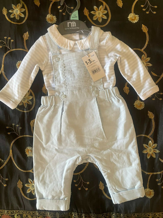 MOTHERCARE Full Sleeves White/Blue stripes Design Dungaree Set -White/Blue (Imported from Europe) - PyaraBaby