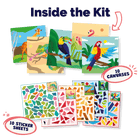 Artistic kit with canvases and sticker sheets featuring animals and geometric patterns.