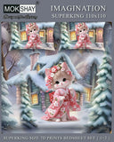 Decorative bedding set with a cat in a pink outfit in a snowy village scene, featuring MOKSHAY branding.
