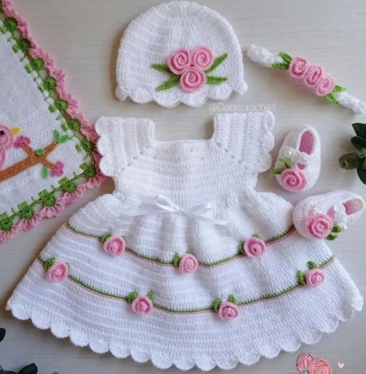 Complete your baby's adorable look with our Handmade frock,Booties, Headband and cap.