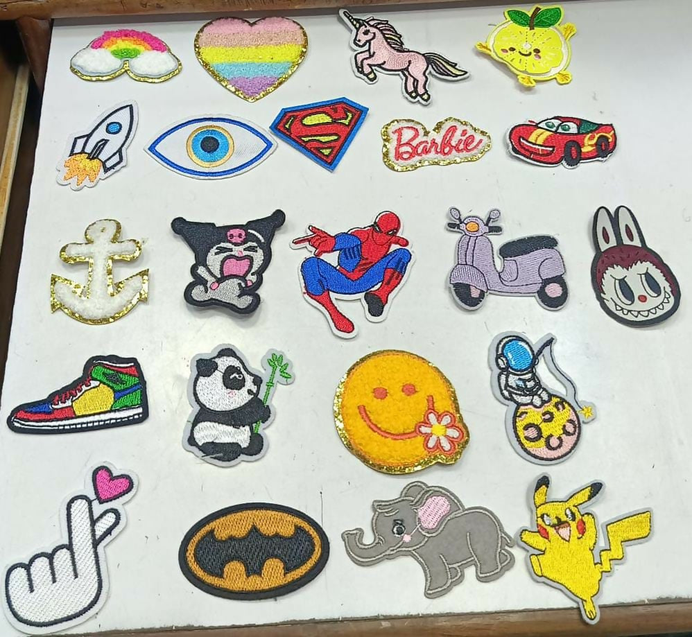 Collection of various colorful patches on a white background