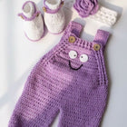 Purple crochet baby outfit with overalls, booties, and headband 
