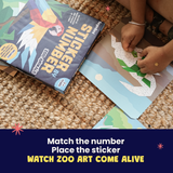 Children's activity book with stickers and a child interacting with the book on a carpeted floor.