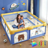 Mother and child in a colorful playpen with toys around