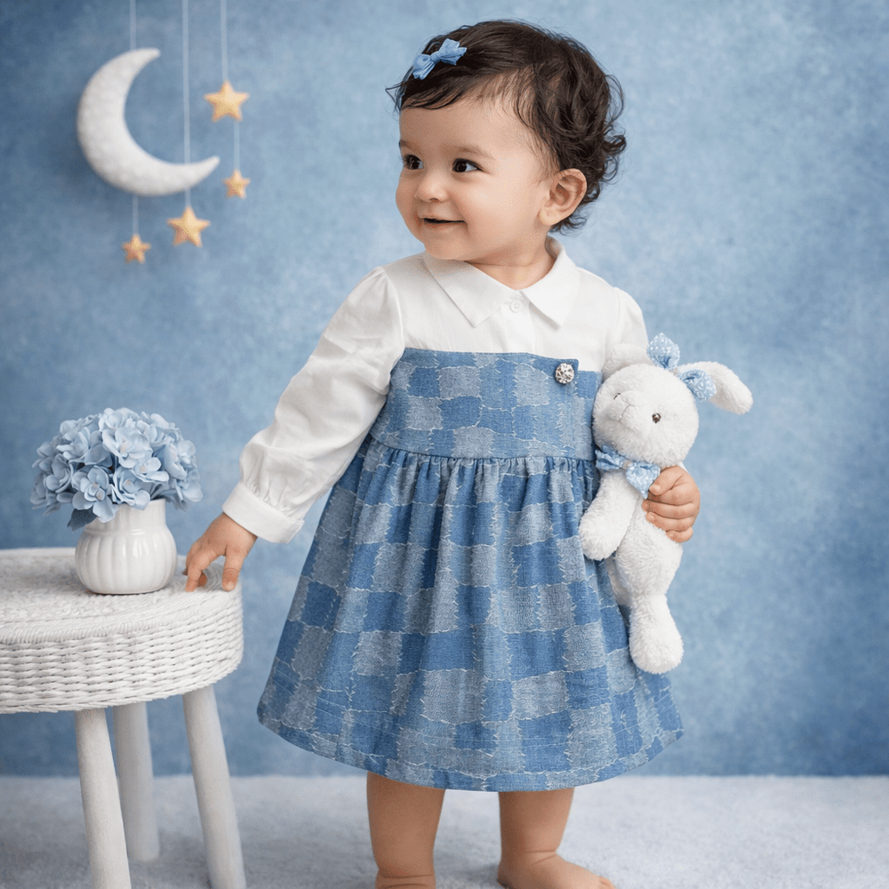 TINY TIGGY  Premium Cotton Baby Girl Denim Frock with attached White Shirt