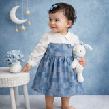 TINY TIGGY  Premium Cotton Baby Girl Denim Frock with attached White Shirt