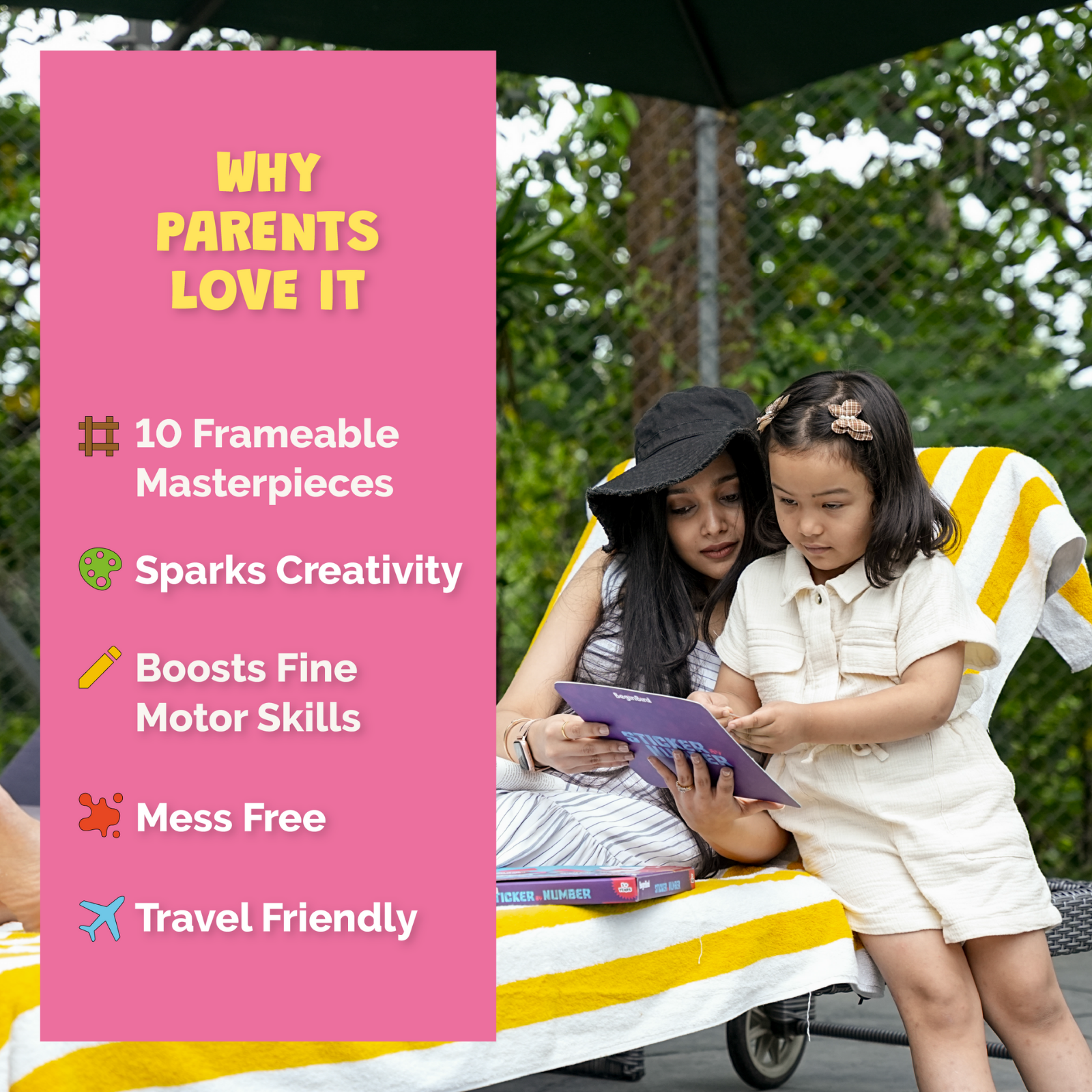 Two children using a tablet under an umbrella with a pink text box on the left.