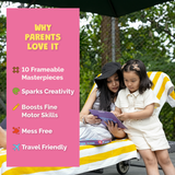 Two children using a tablet under an umbrella with a pink text box on the left.