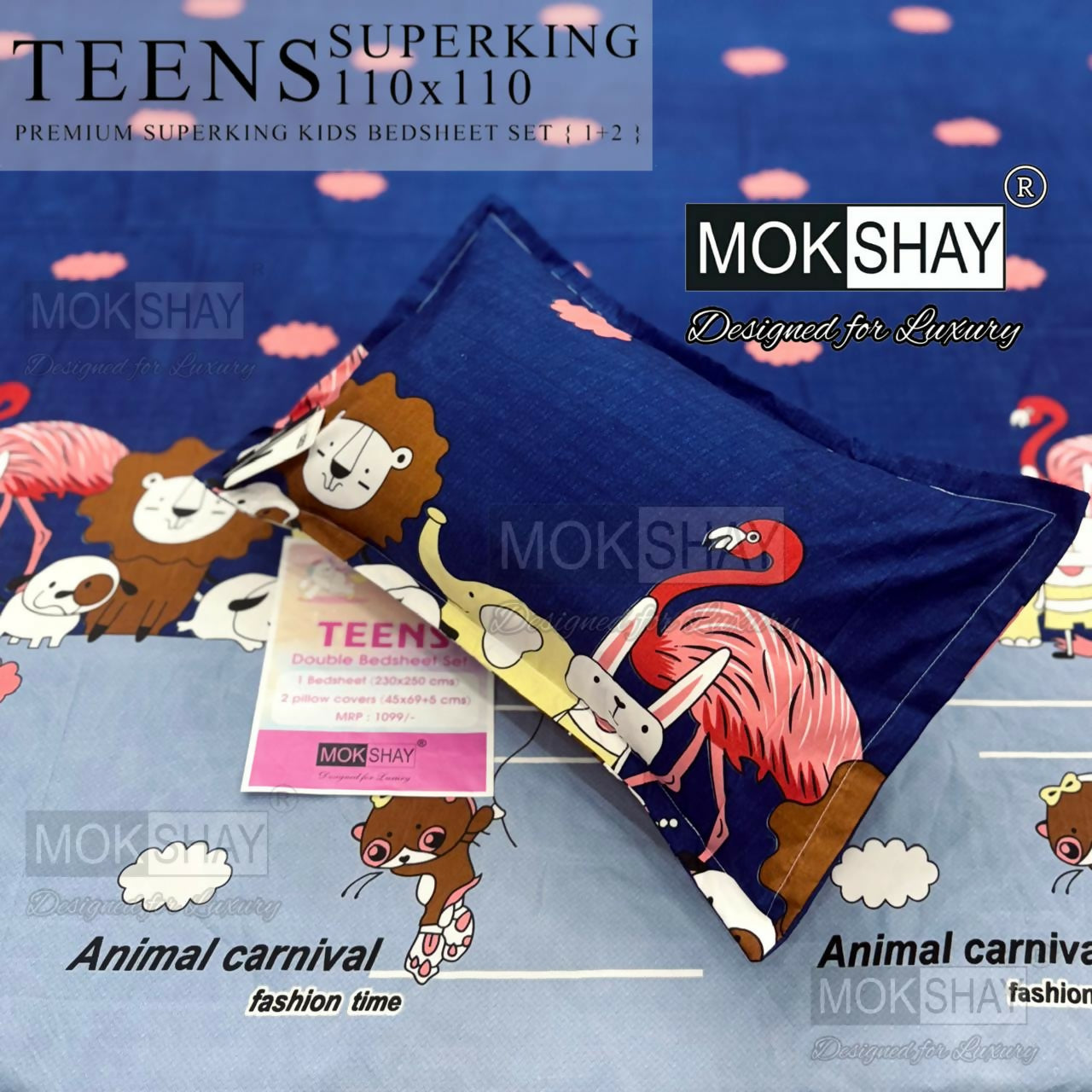 Mokshay Teens Superking kids bedsheet set with animal design on a blue background