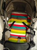 Colorful striped baby seat cover with 'R for Rabbit' logo on a stroller.