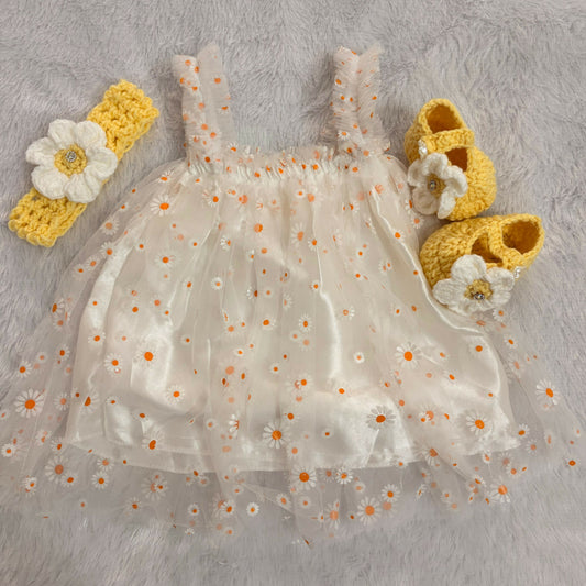 Crochet Baby Girl shoes and Headband Set with Net Frock