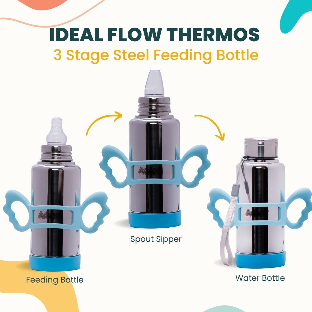 ADORE Ideal Flow 3 Stage Multipurpose Double Wall Insulated Thermos Baby Feeding Bottle Set with Silicon Handle & Base -240ml - PyaraBaby