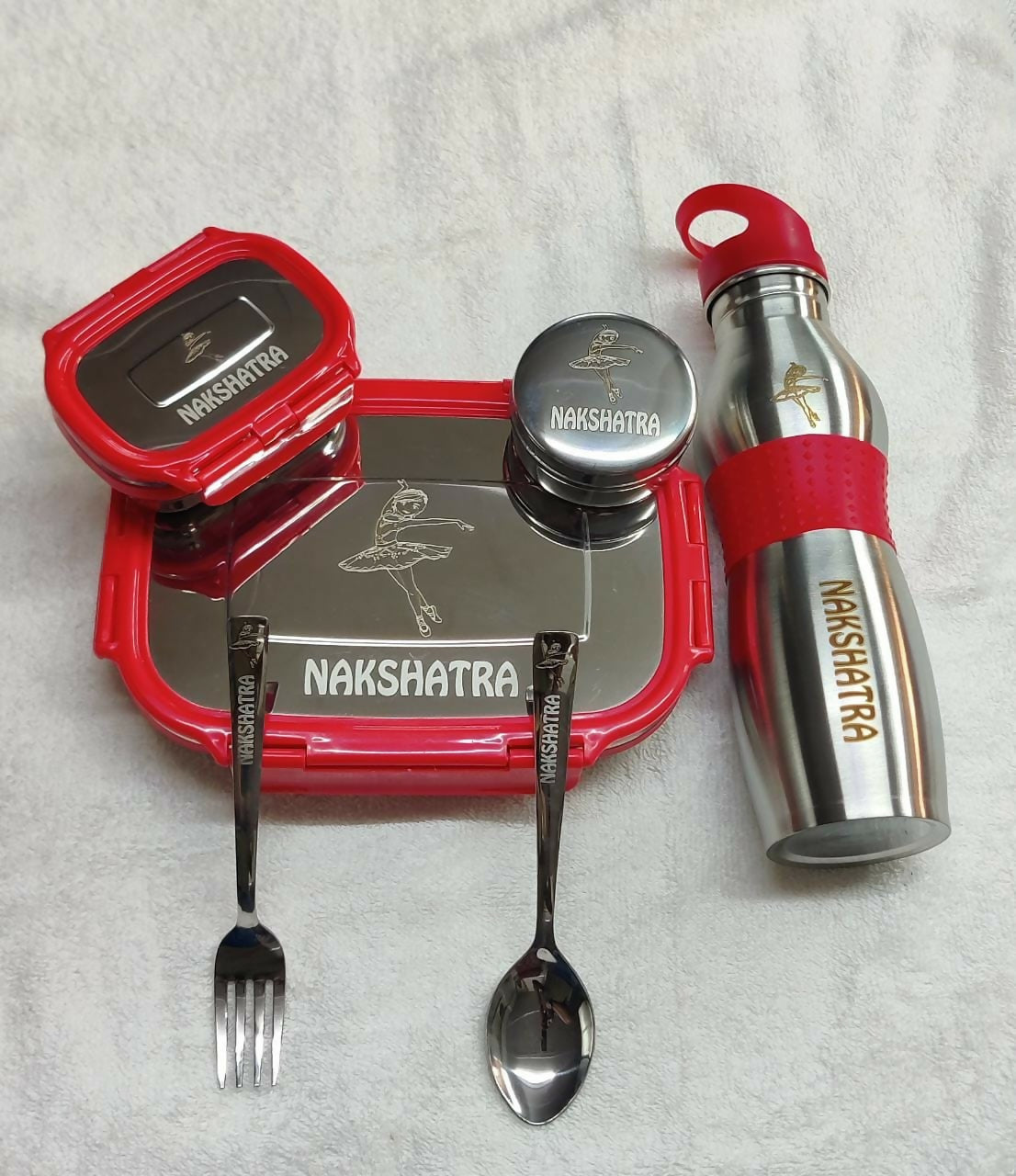 Buy Personalised Stainless Steel Tiffin Box, Bottle, Spoon, Fork Set – Durable, Custom Mealtime Kit for Kids

