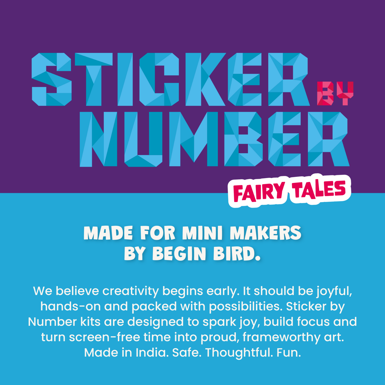 Sticker by Number Fairy Tales branding with tagline on a purple and blue background