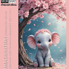 Illustration of a baby elephant under a cherry blossom tree with 'MOKSHAY' branding.