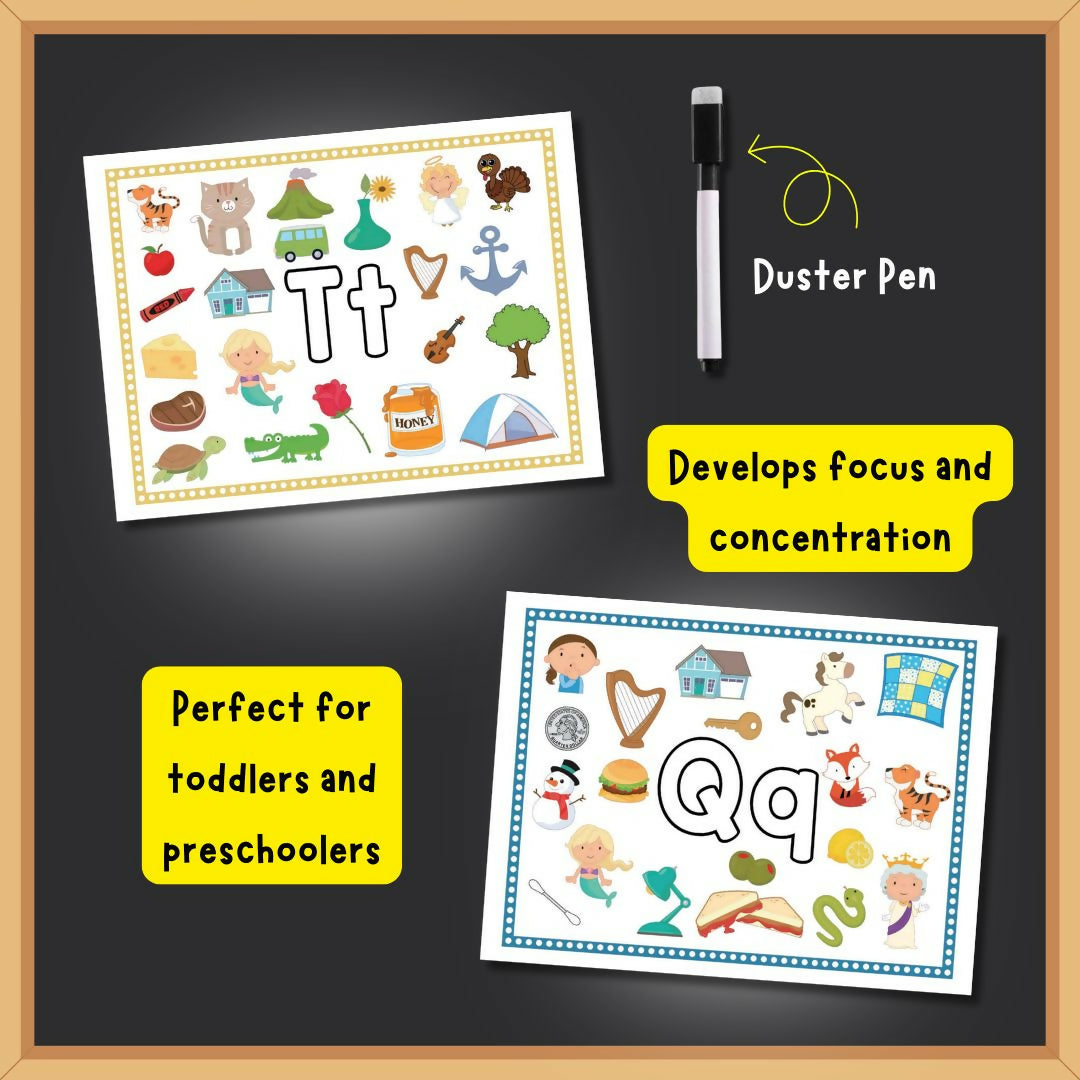 I SPY ABC children’s activity book featuring engaging alphabet-based search and find activities that encourage letter recognition, observation, visual learning and early vocabulary development through playful learning.