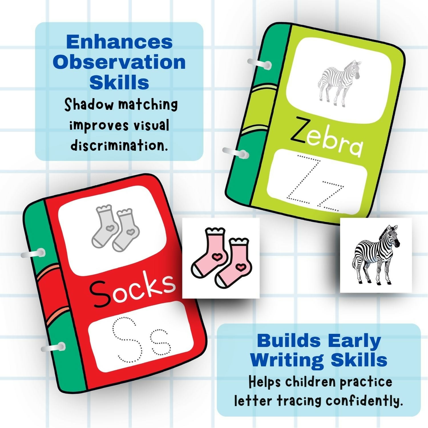 ABC Tracing and Shadow Book for kids featuring alphabet tracing and shadow-matching activities designed to encourage letter recognition, pre-writing practice, visual observation, fine motor skills and early learning.