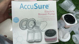 ACCUSURE electric double breast pump with dual milk collection, adjustable suction levels, soft breast shields, and efficient milk expression for comfortable breastfeeding support.
