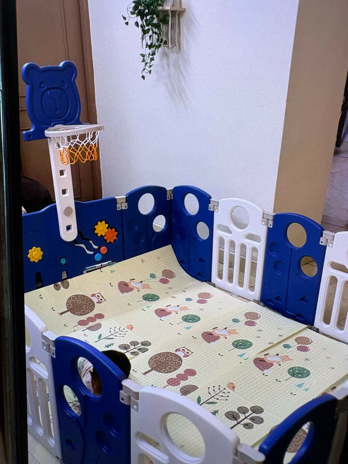 2-in-1 foldable kids playpen with basketball set & sensory toys – safe play area for indoor and outdoor fun.