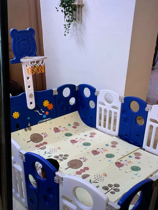 2-in-1 foldable kids playpen with basketball set & sensory toys – safe play area for indoor and outdoor fun.