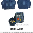 Denim jacket with customization options and size chart on a white background