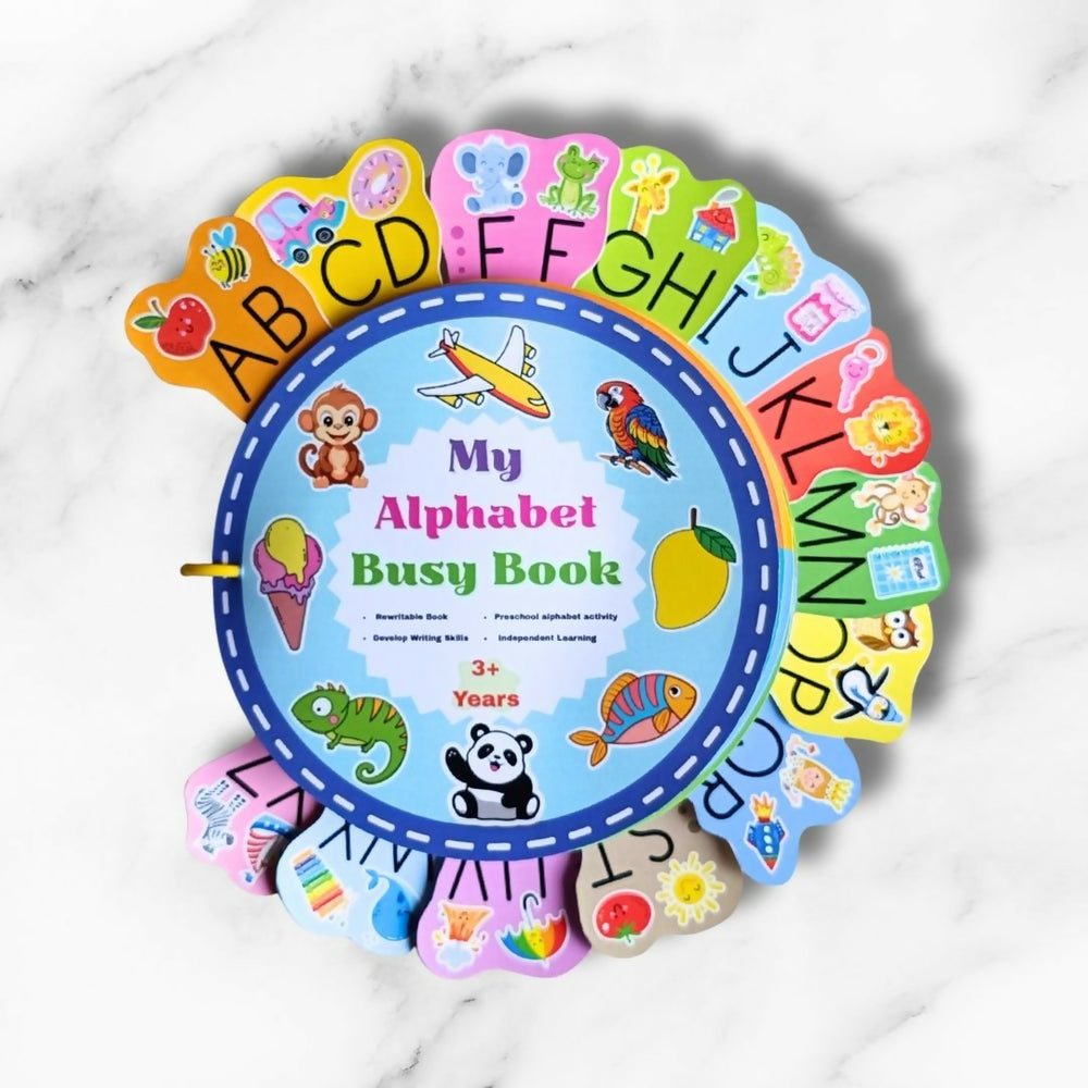 Alphabet Busy Book for toddlers featuring fun and interactive ABC activities designed to encourage letter recognition, matching, fine motor skills, visual learning and early vocabulary development through play.