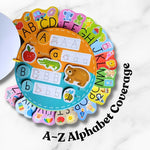 Alphabet Busy Book for toddlers featuring fun and interactive ABC activities designed to encourage letter recognition, matching, fine motor skills, visual learning and early vocabulary development through play.