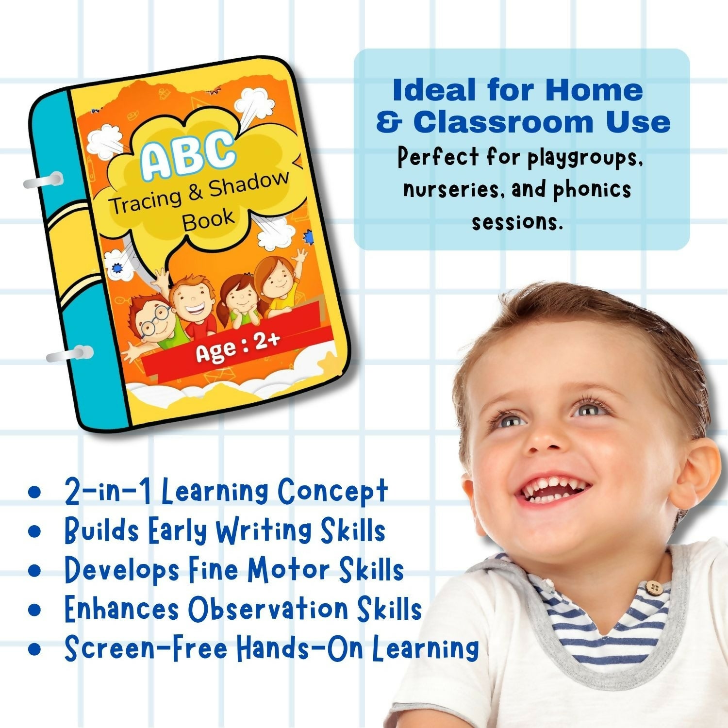 ABC Tracing and Shadow Book for kids featuring alphabet tracing and shadow-matching activities designed to encourage letter recognition, pre-writing practice, visual observation, fine motor skills and early learning.