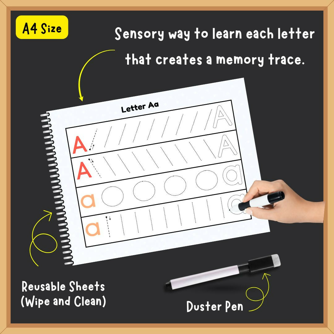 EDUSTAR Alphaprint Spiral Tracing Book featuring reusable alphabet tracing activities designed to introduce letter formation, handwriting practice, fine motor control and hand-eye coordination through engaging early learning exercises.