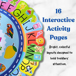 Alphabet Busy Book for toddlers featuring fun and interactive ABC activities designed to encourage letter recognition, matching, fine motor skills, visual learning and early vocabulary development through play.