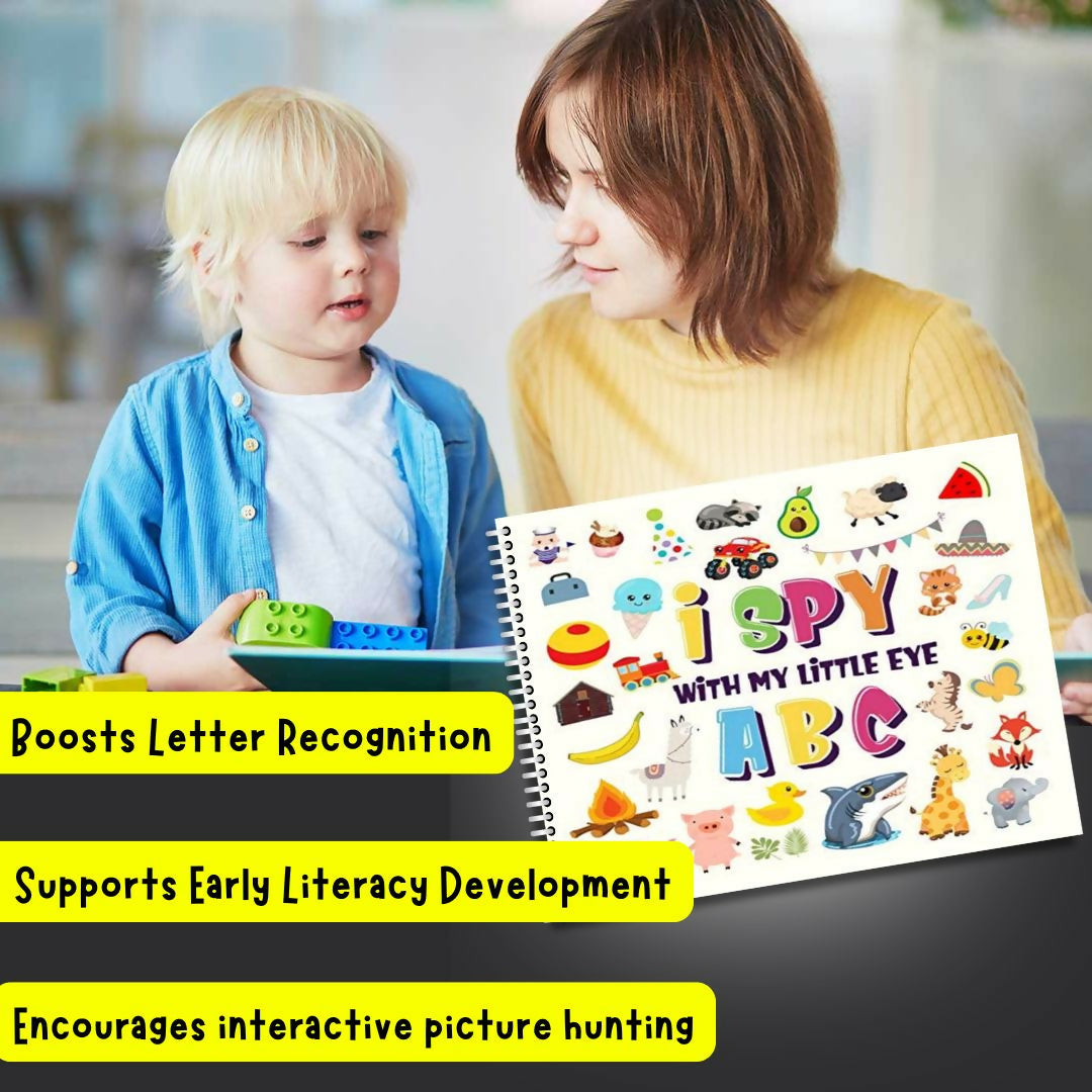 I SPY ABC children’s activity book featuring engaging alphabet-based search and find activities that encourage letter recognition, observation, visual learning and early vocabulary development through playful learning.
