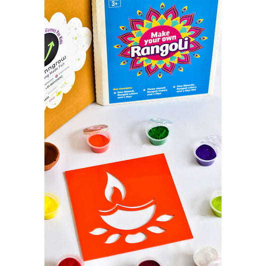 Elevate your festive celebrations with our DIY Rangoli Kit, a delightful set designed to add a touch of artistry and tradition to your home. This kit includes everything you need to create a beautiful rangoli, including a traditional stencil, six vibrant rangoli colors, and a charming diya.