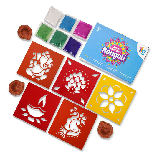 Elevate your festive celebrations with our DIY Rangoli Kit, a delightful set designed to add a touch of artistry and tradition to your home. This kit includes everything you need to create a beautiful rangoli, including a traditional stencil, six vibrant rangoli colors, and a charming diya.