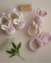Crochet handmade baby shoes, rattle and teether set