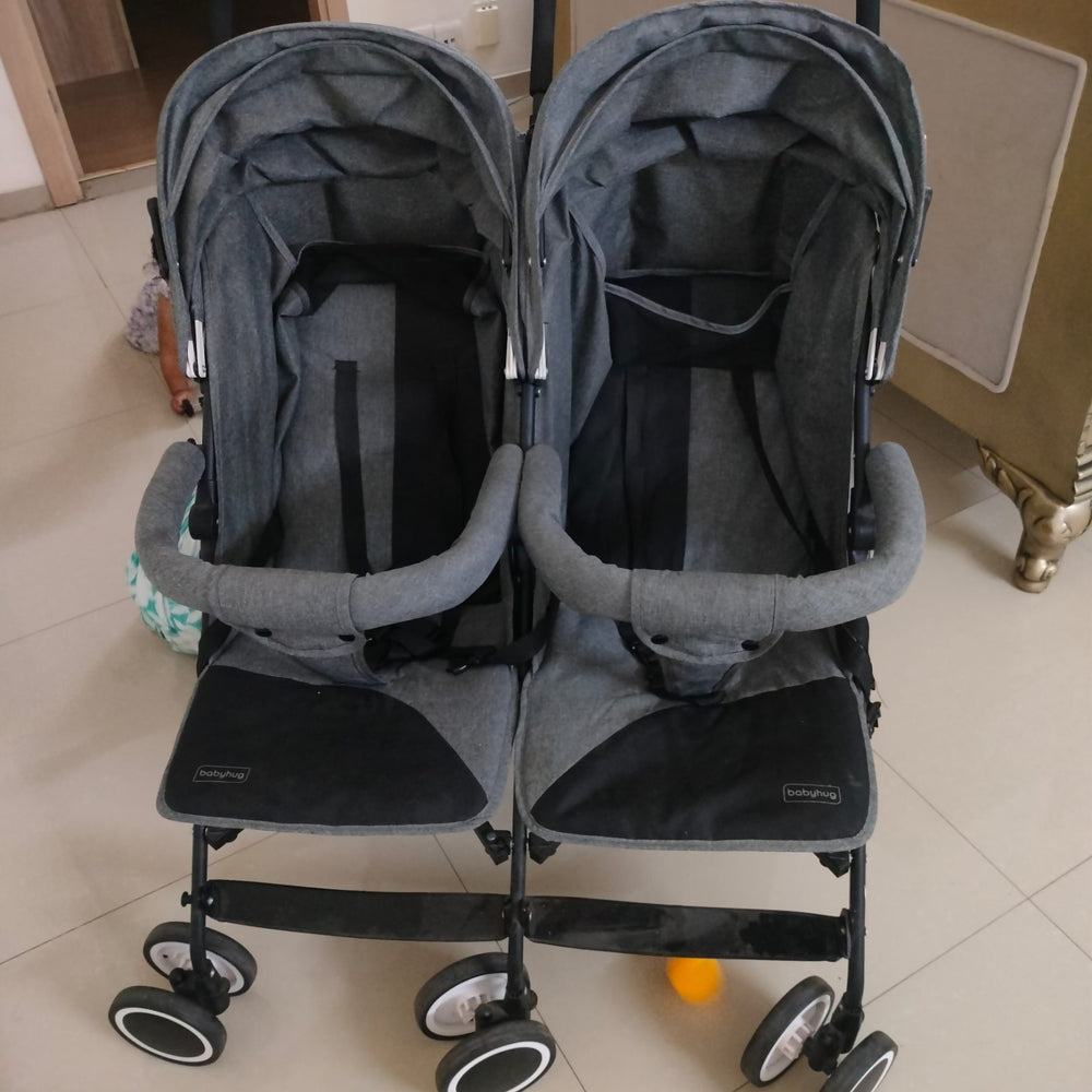 BABYHUG Deuce Twin Stroller/Pram in Grey for convenient outings with two babies.