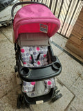 BABYHUG stroller/pram with a lightweight foldable design, reclining seat, adjustable canopy, 5-point safety harness, smooth-rolling wheels, and a spacious storage basket for safe and comfortable travel with babies and toddlers.