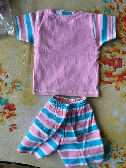 Half Sleeves with Shorts cotton dress for Girls - Pink and stripes design 3-6 months - PyaraBaby
