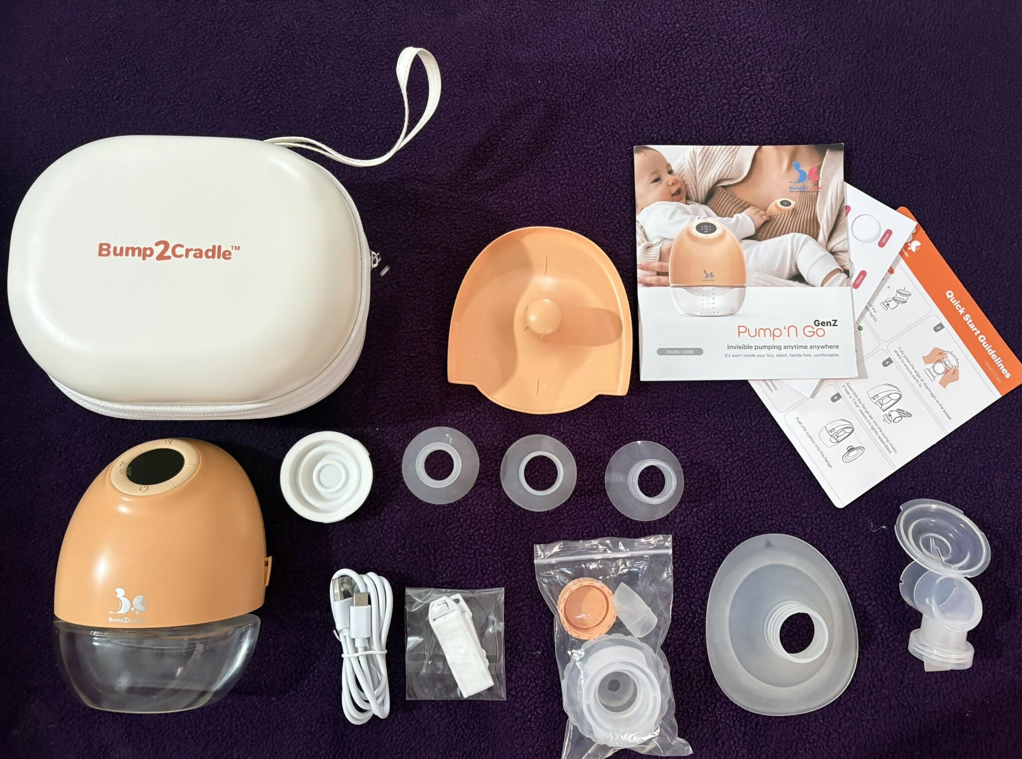 BUMP2CRADLE Pump N Go electric breast pump with adjustable suction settings, comfortable breast shield, compact design, and efficient milk expression support for breastfeeding mothers.