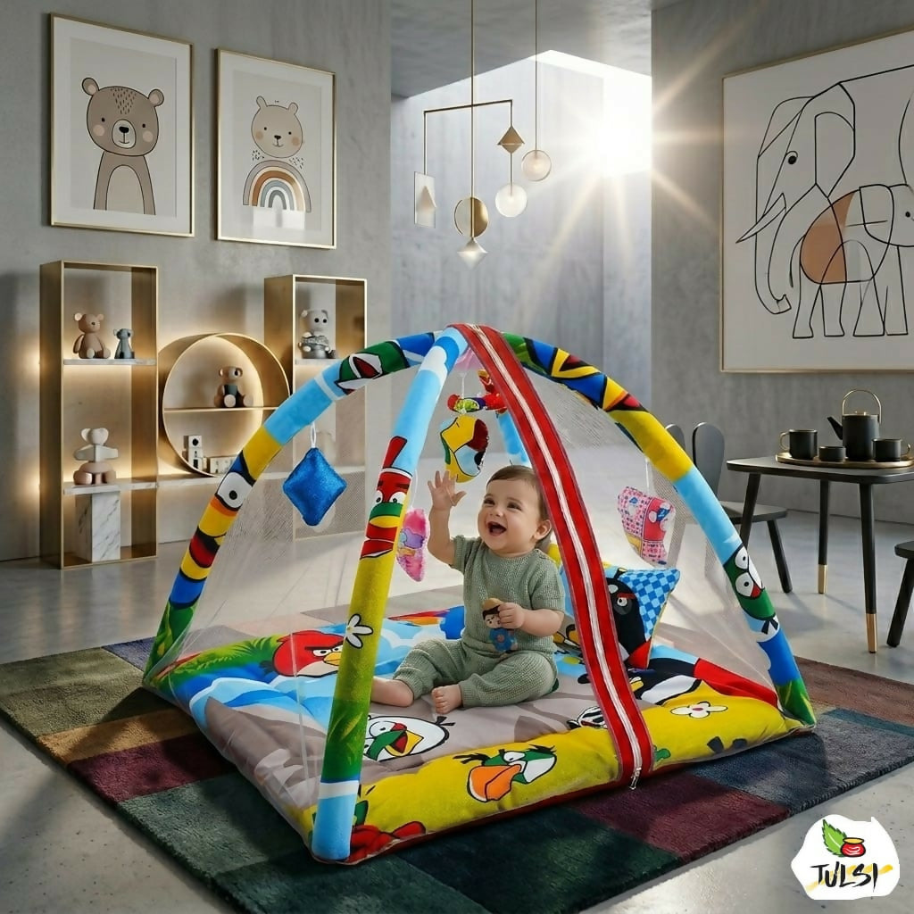 Play gym mattress with mosquito net and bedding set featuring soft cushioned play area, protective mosquito net, comfortable bedding, and cozy space for babies to rest and play.